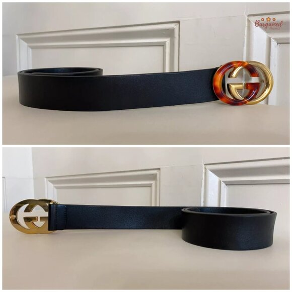 Authentic Gucci Black Calfskin Leather Tortoise Gold Interlocking G Belt 80/32 - Picture 10 of 13